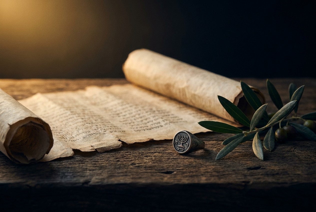 Ancient Hebrew parchment scroll on dark wood, symbolizing the birthright covenant
