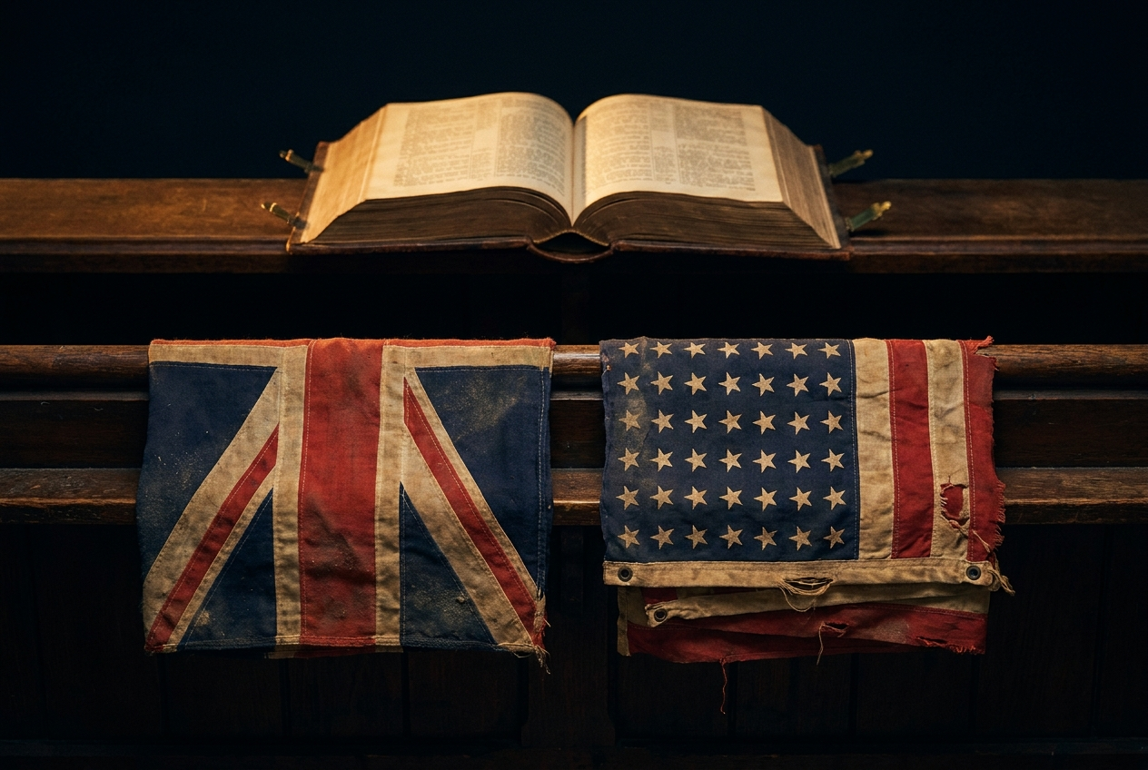Faded American and British flags folded on a wooden pew beneath an open Bible
