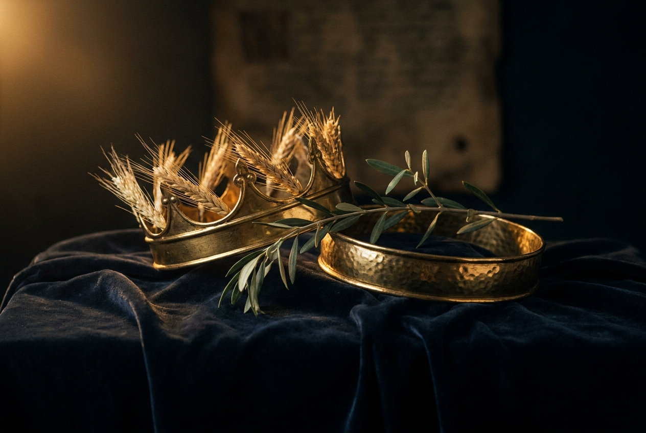 Two golden crowns of subtly different design resting side by side on dark velvet, symbolizing Ephraim and Manasseh