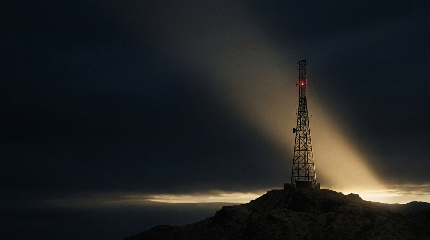 Vintage radio broadcast tower at dawn — Herbert W. Armstrong's global Work