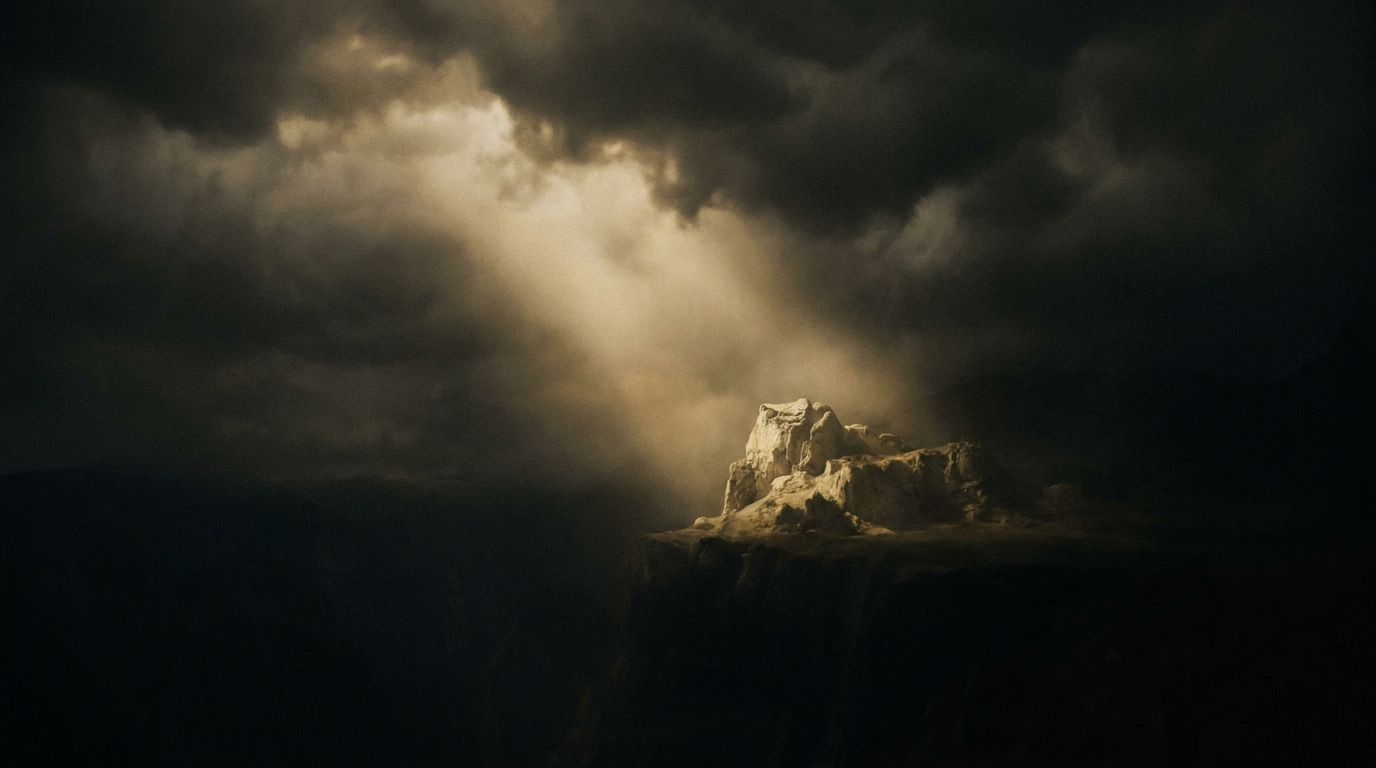 A shaft of golden light breaking through storm clouds — symbolic of transformation