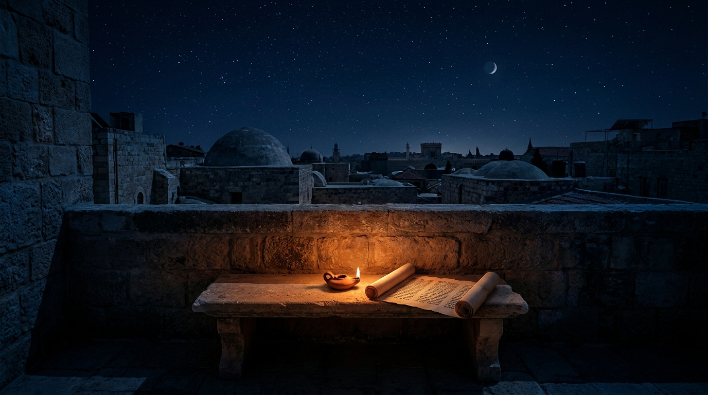 A stone rooftop bench at night with a lit clay oil lamp beside an unrolled Hebrew scroll, ancient Jerusalem rooftops silhouetted under a starlit sky