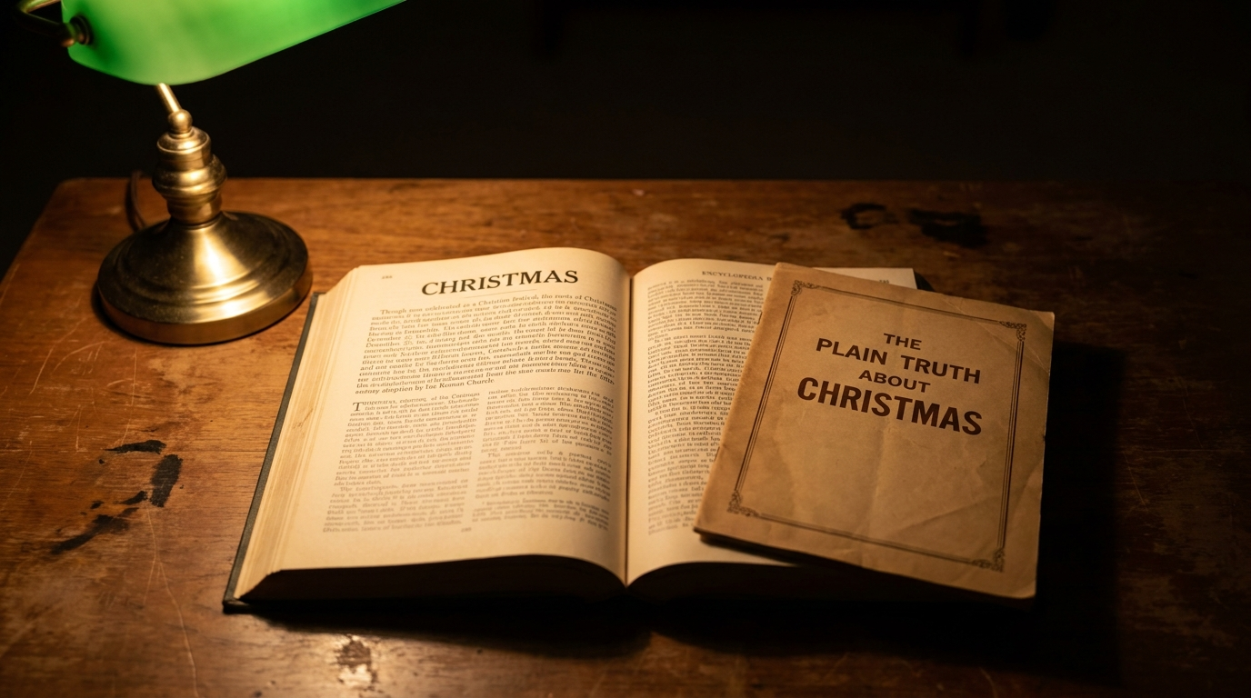 A 1946 Encyclopedia Britannica opened to the entry on CHRISTMAS beside a mid-century The Plain Truth About Christmas booklet — the historical record Mr. Armstrong opens for every reader