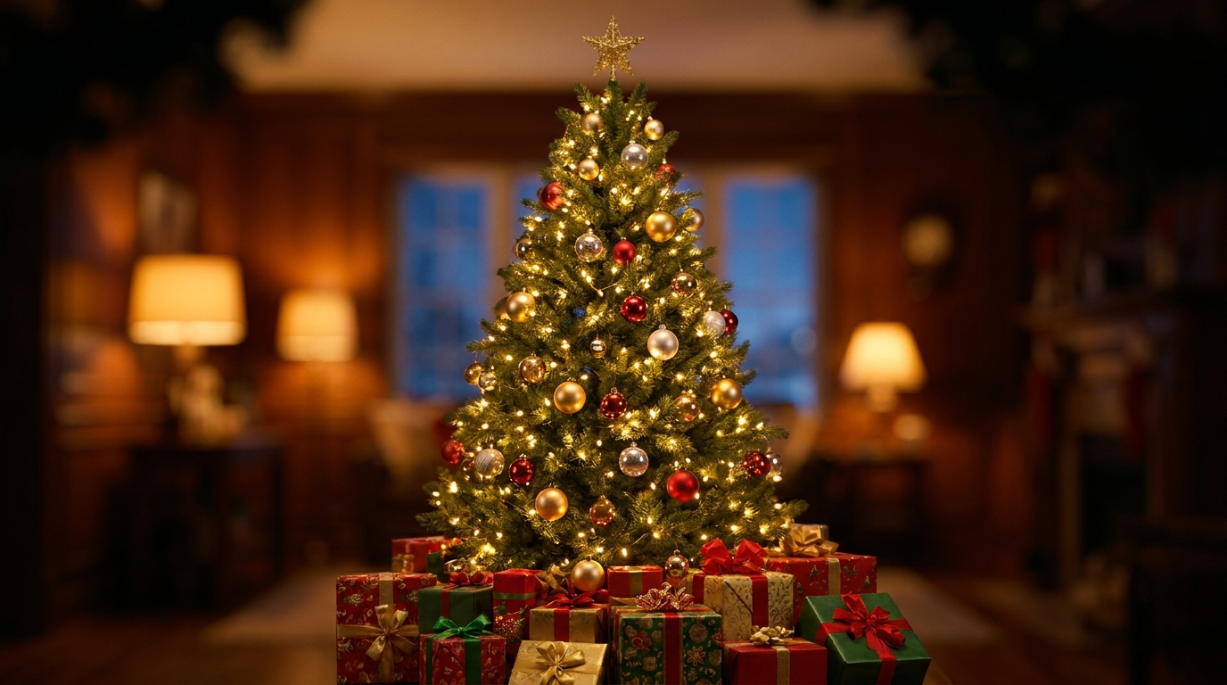 A modern decorated Christmas tree with warm string lights and wrapped presents underneath — the modern practice the pagan Saturnalia origin gave rise to