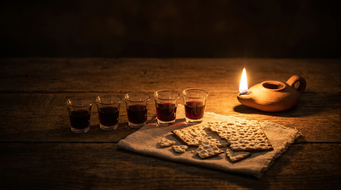 Small communion cups of wine and pieces of broken unleavened bread beside a lit clay oil lamp — the New Testament Passover memorial Christ Himself instituted