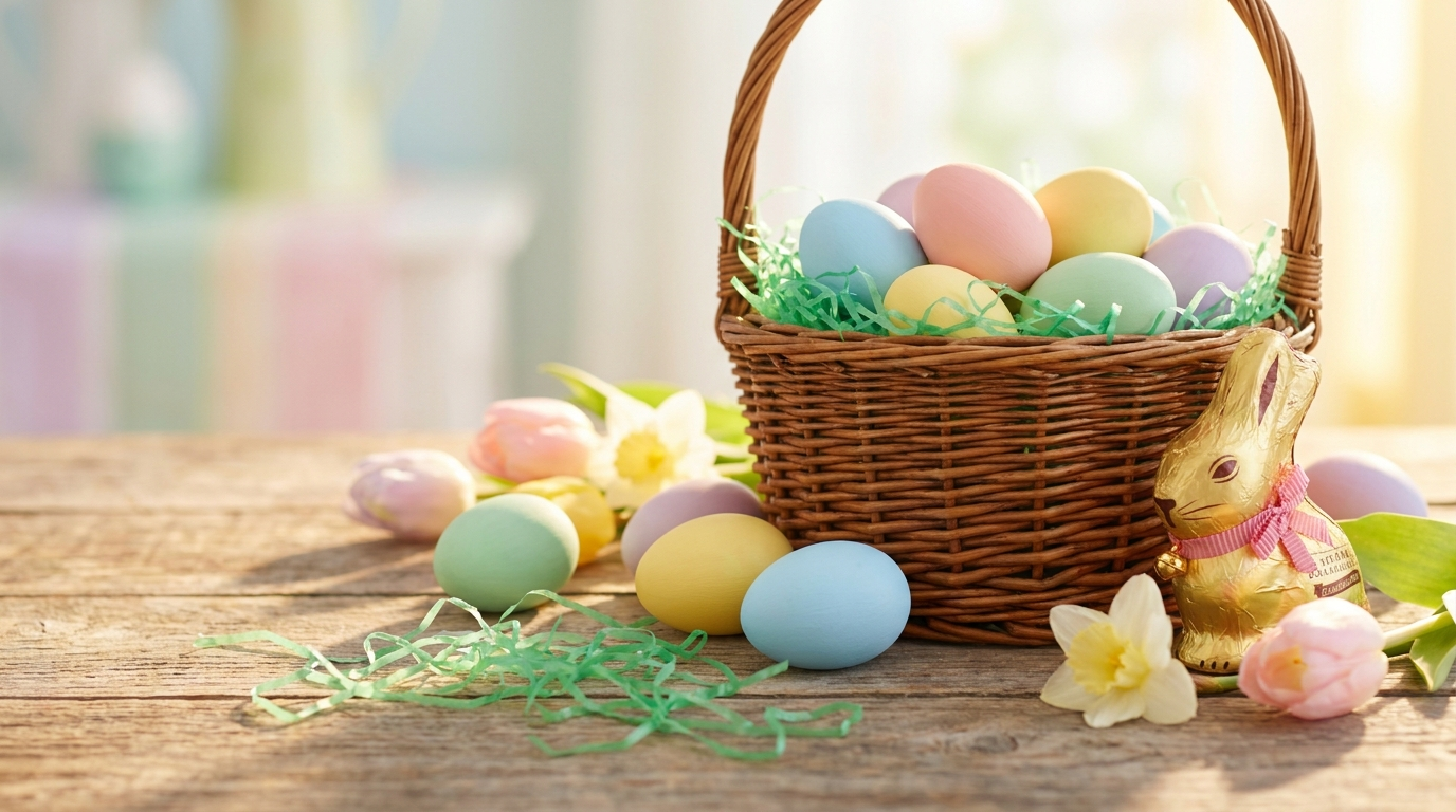 A wicker basket of pastel-painted eggs, a chocolate Easter bunny, and spring flowers on a wooden table — the fertility iconography of the modern Easter tradition