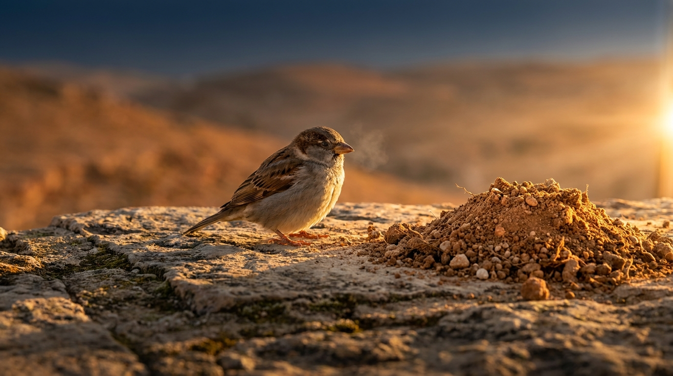A living sparrow — a nephesh — breathing on a weathered stone at dawn, warm horizontal light catching its chest and a small mound of earth beside it