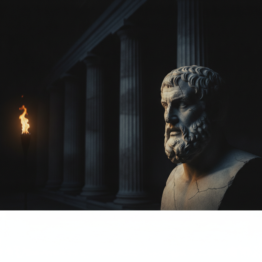 A weathered marble bust of a Greek philosopher