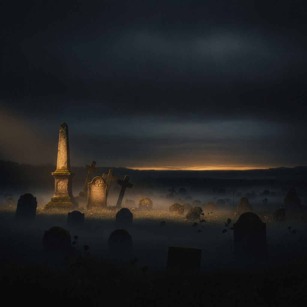 A silent cemetery at deep pre-dawn awaiting the trumpet
