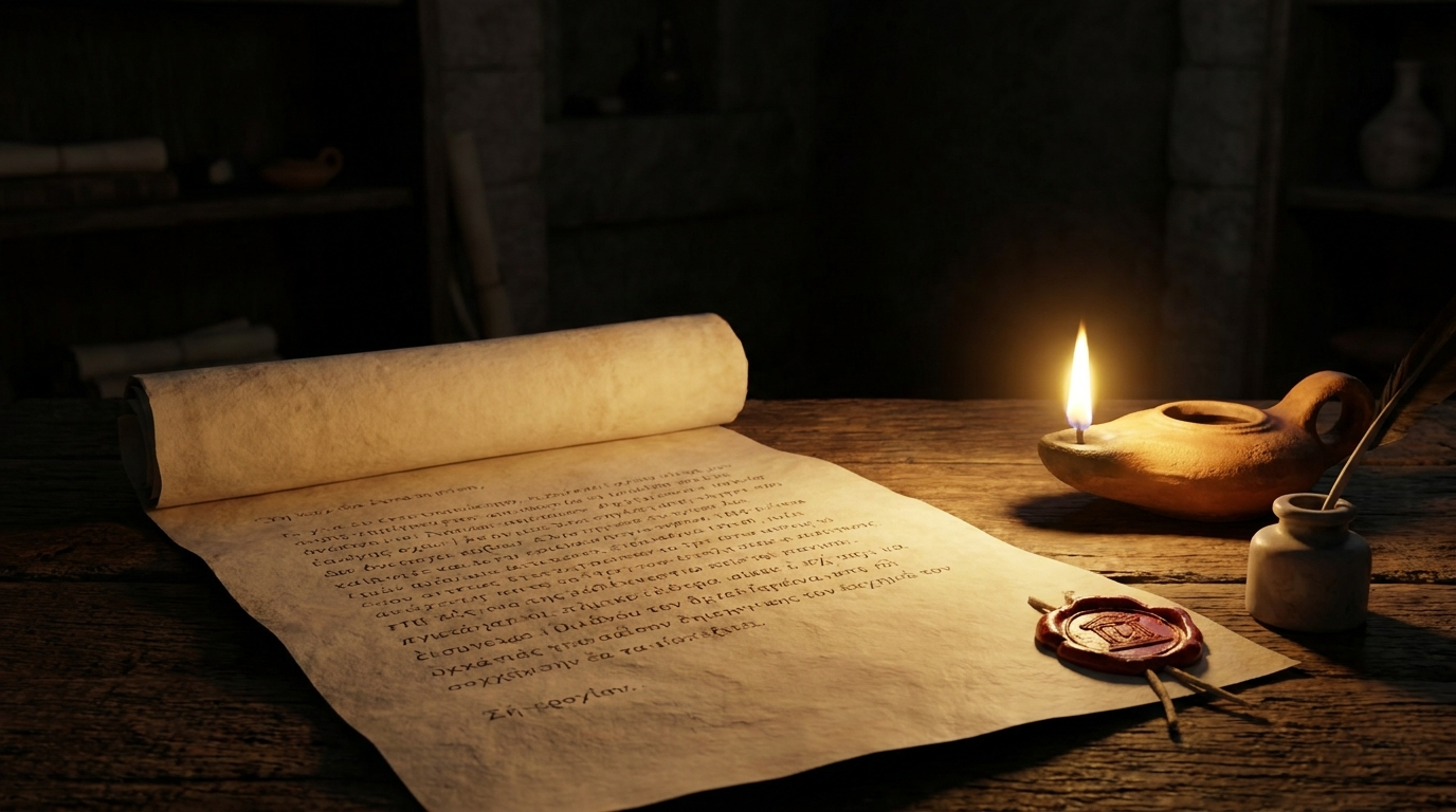An open scroll of Paul&rsquo;s letter to the Thessalonians in warm lamplight