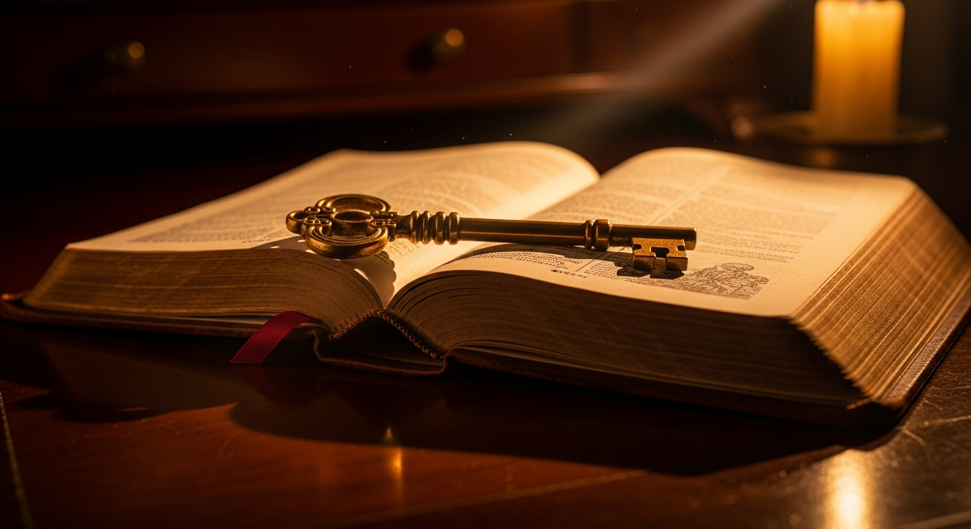 Ancient Bible with golden key