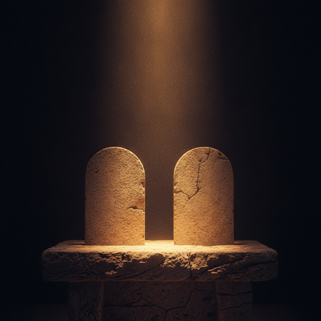 Two weathered stone tablets lit by a shaft of gold &mdash; God's eternal covenant