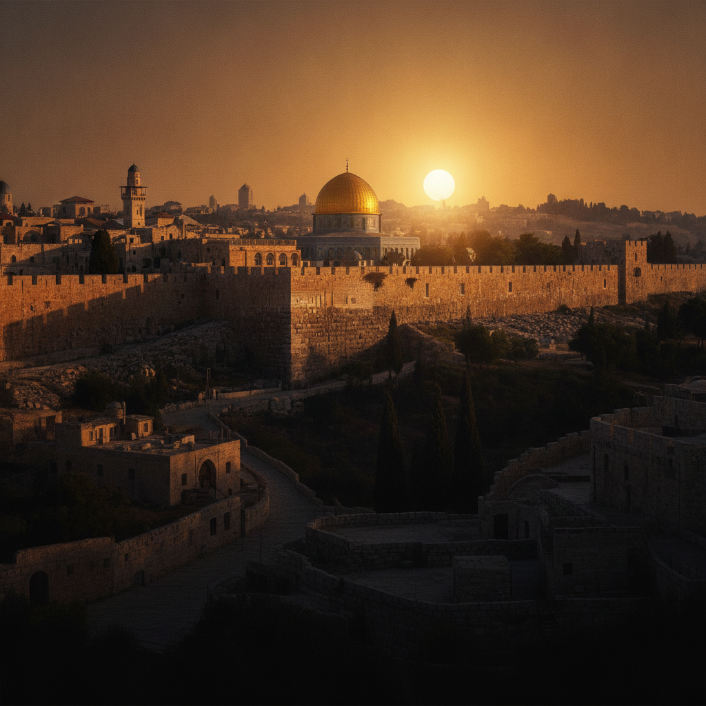 Sunrise over the walls of the Old City of Jerusalem at first light