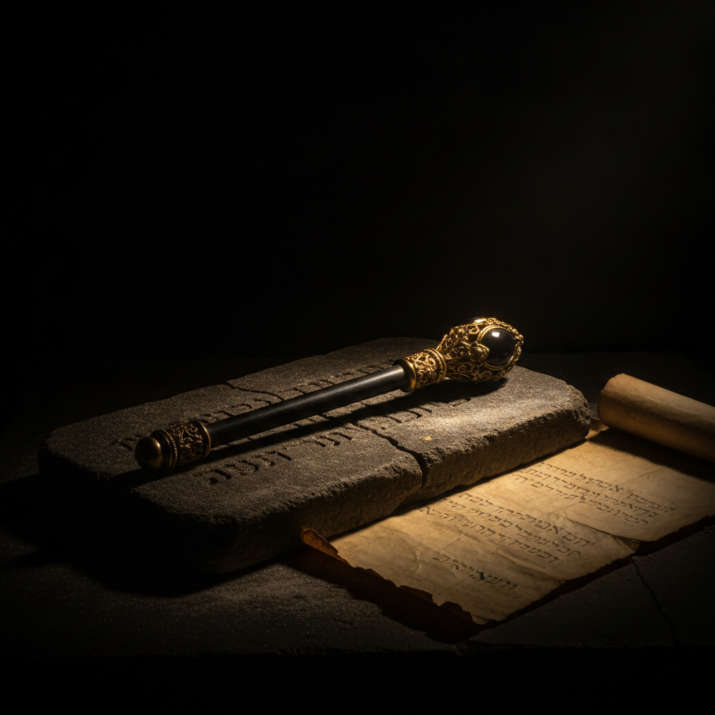 An ancient scepter on a stone tablet beside an unfurled parchment scroll, lit by warm gold rim-light