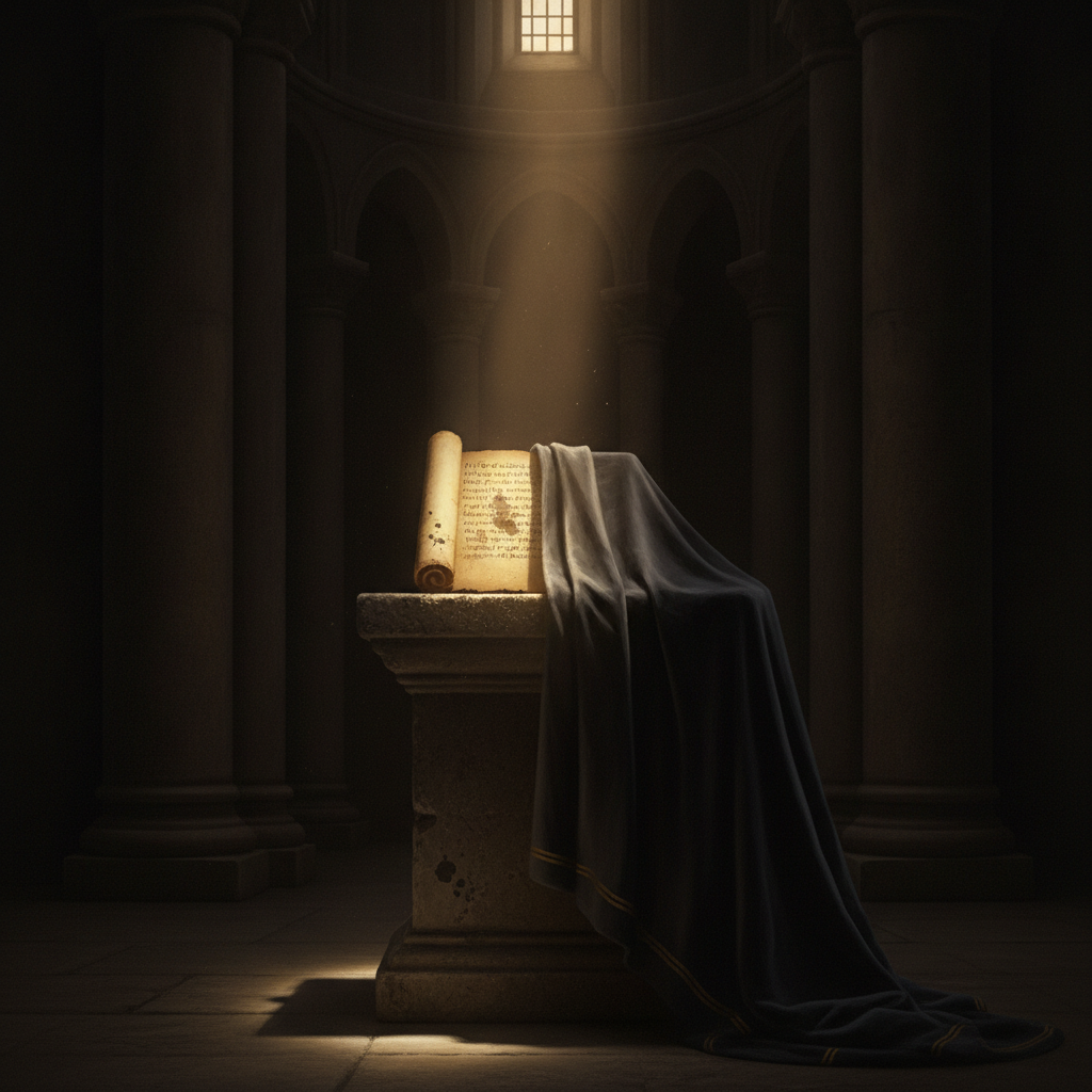 An ancient parchment half-covered by dark cloth, a single beam of warm gold light illuminating one edge