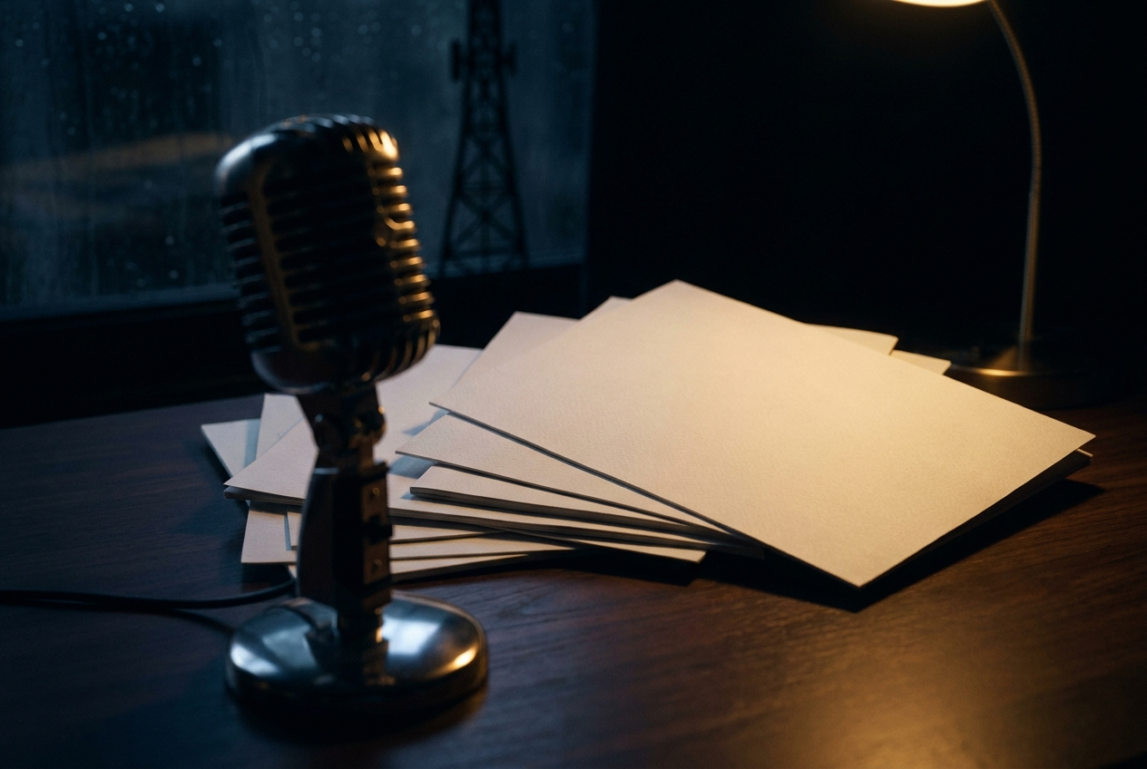 Vintage broadcast microphone and printed pages under warm lamp