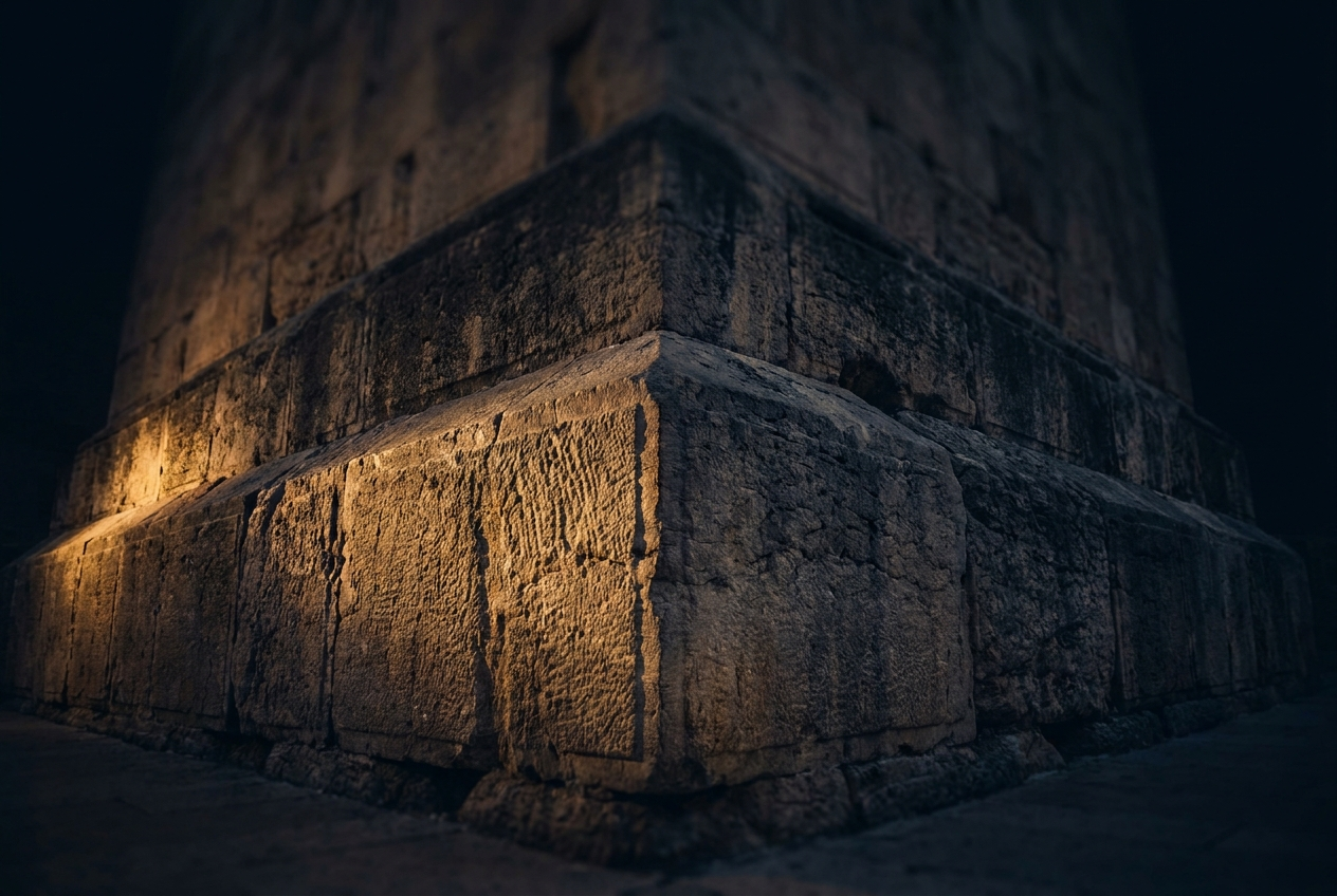 Ancient limestone cornerstone at the base of a Jerusalem temple wall