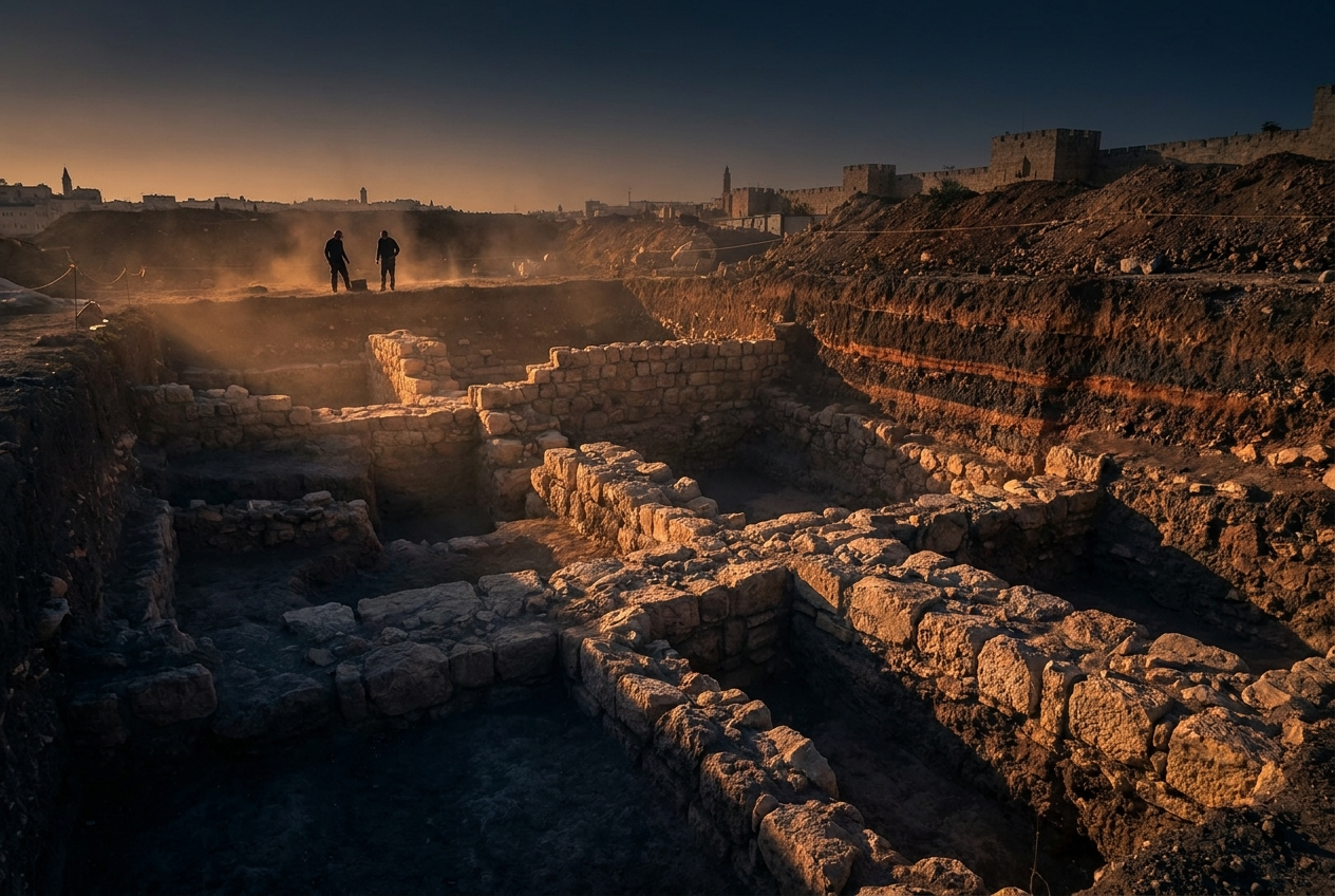 Active archaeological excavation in the City of David at golden hour